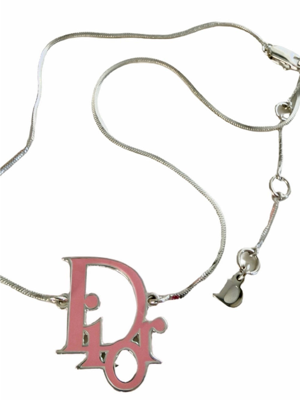Dior Pink Enameled Logo Silver Choker Necklace